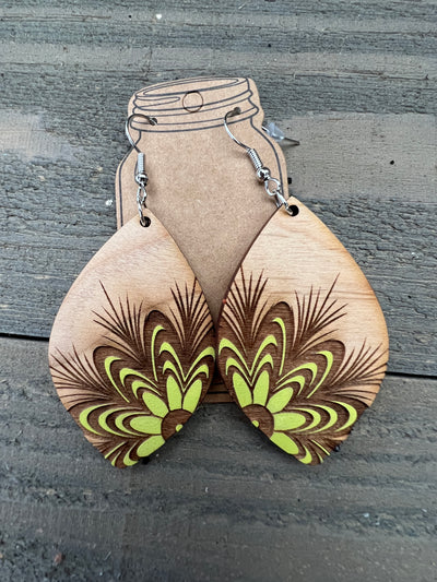 Neon Green Floral Engraved Wooden Earrings