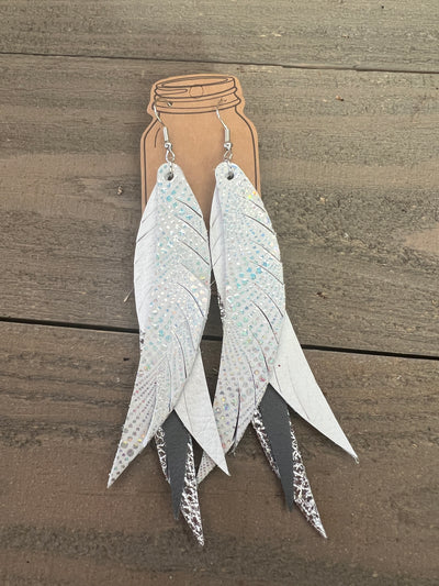 White Holographic Stacked Fringe Feather Earrings
