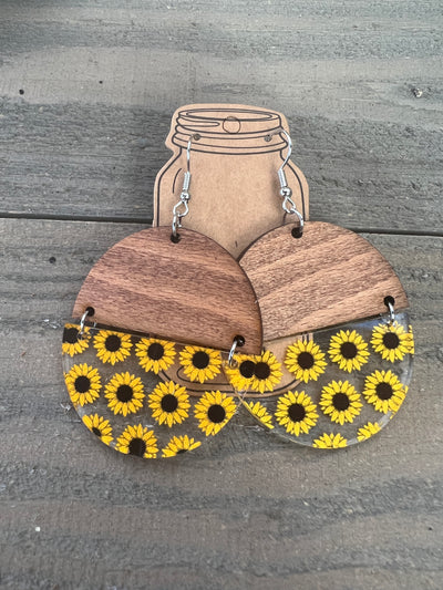 Sunflower Yellow Floral Acrylic Half Acrylic Wood Earrings
