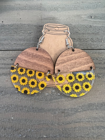 Sunflower Yellow Floral Acrylic Half Acrylic Wood Earrings