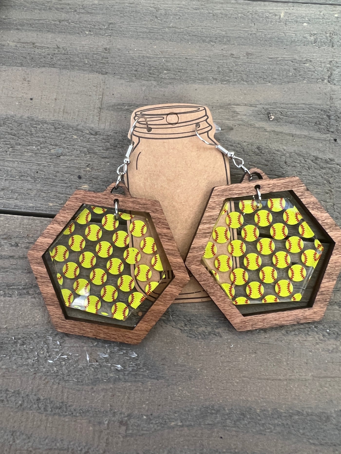 Softball Hexagon Acrylic Wooden Earrings
