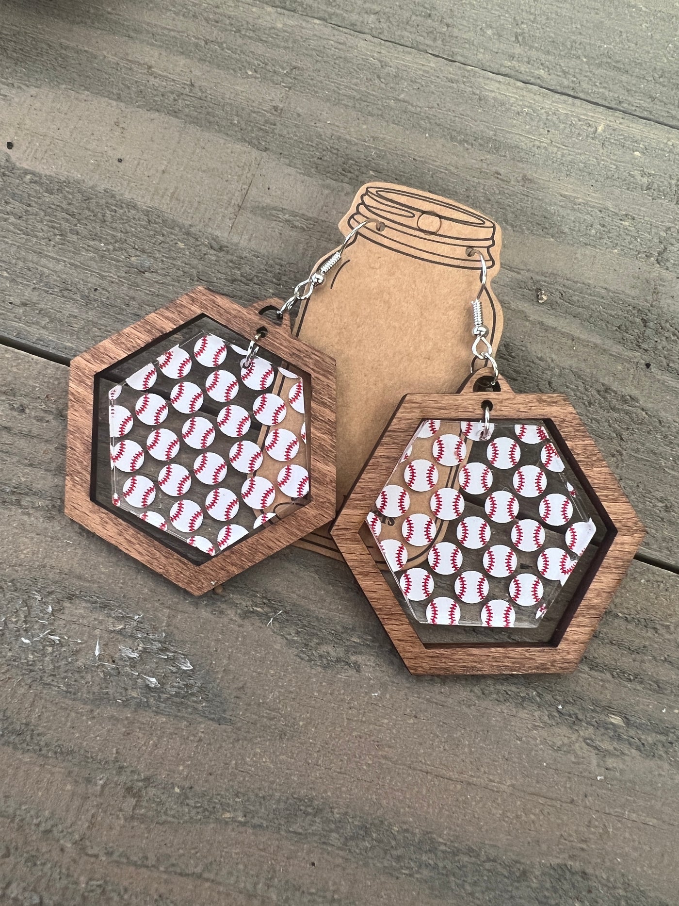 Baseball Hexagon Acrylic Wooden Earrings