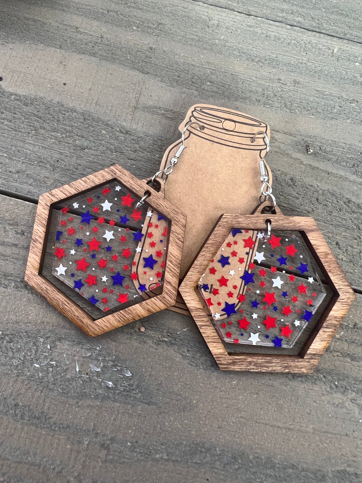 Red White Blue USA Star Hexagon Acrylic Wooden Earrings