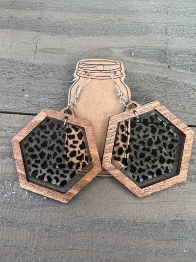 Cow Print Hexagon Acrylic Wooden Earrings