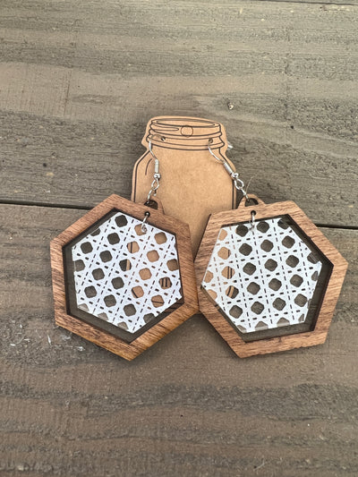 White Rattan Hexagon Acrylic Wooden Earrings