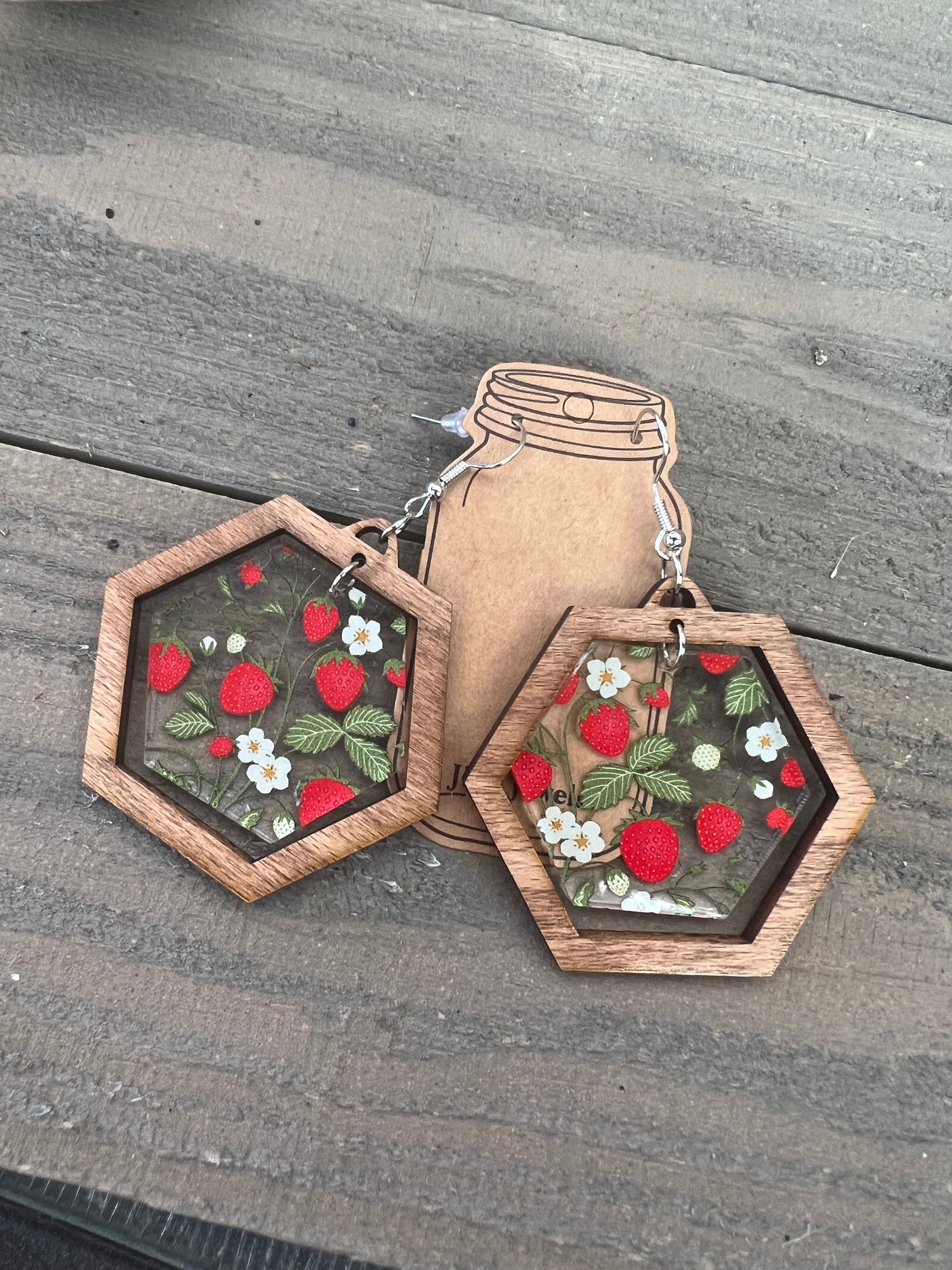 Strawberry Vine Hexagon Acrylic Wooden Earrings