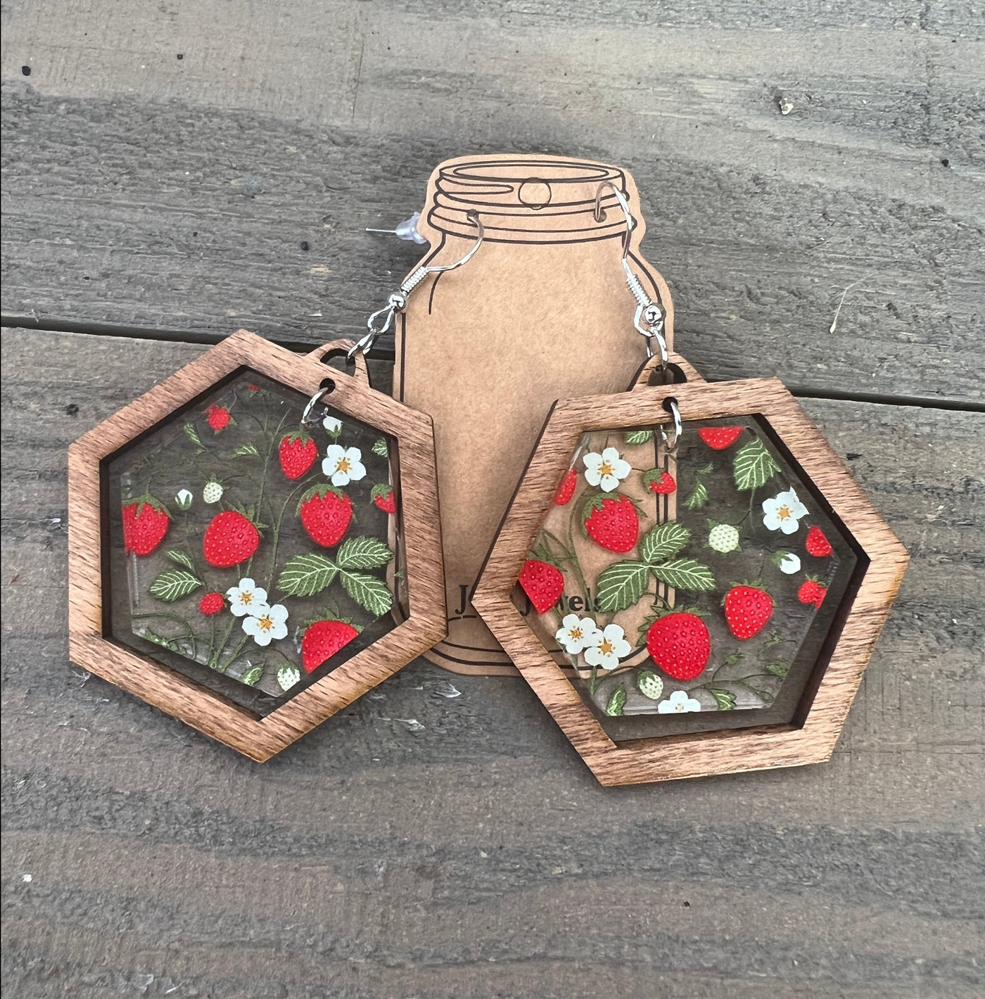 Strawberry Vine Hexagon Acrylic Wooden Earrings