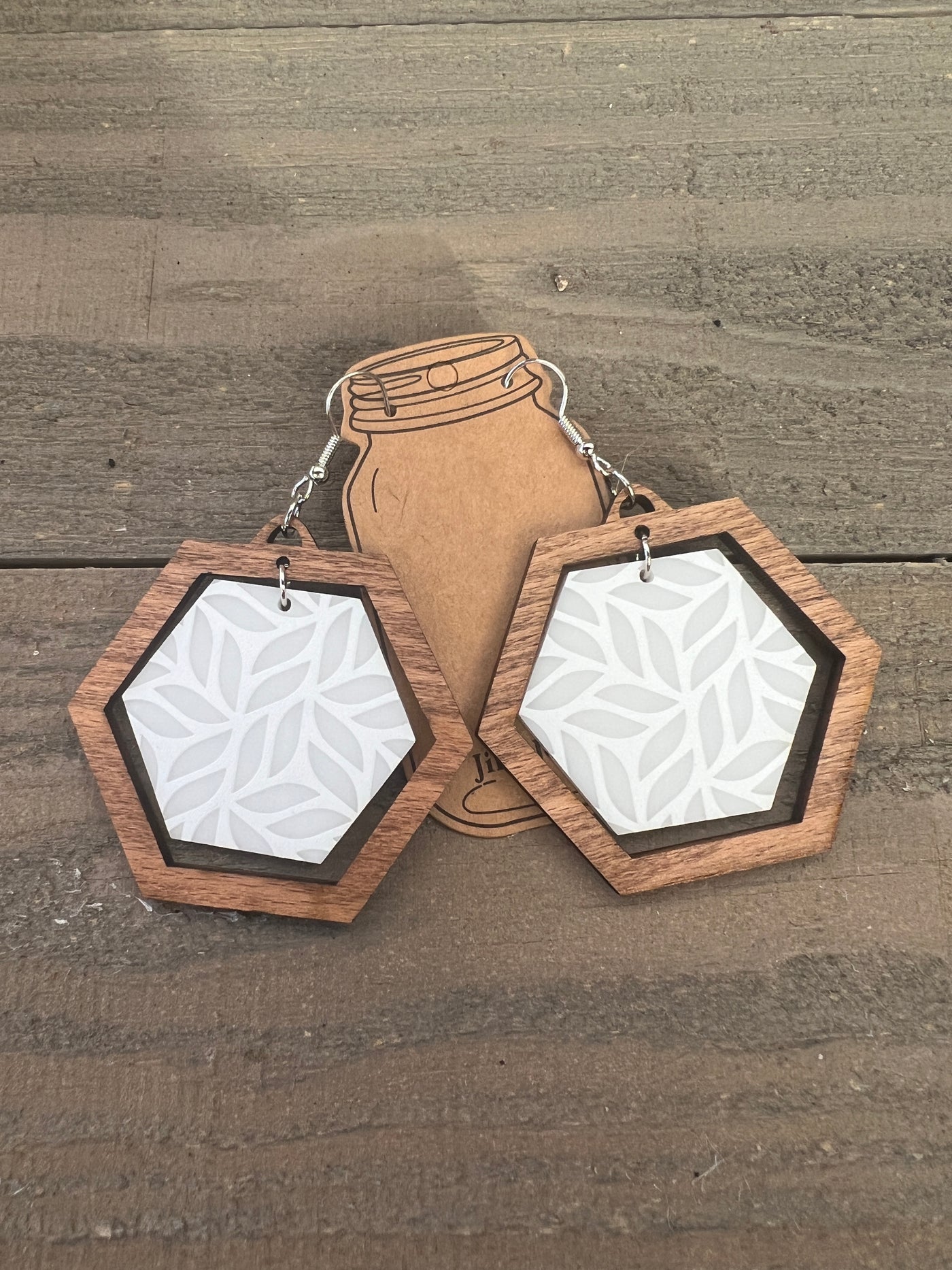 White Geometric Leaf Hexagon Acrylic Wooden Earrings