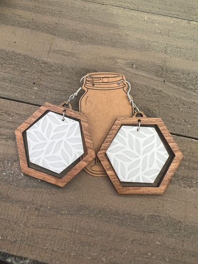 White Geometric Leaf Hexagon Acrylic Wooden Earrings
