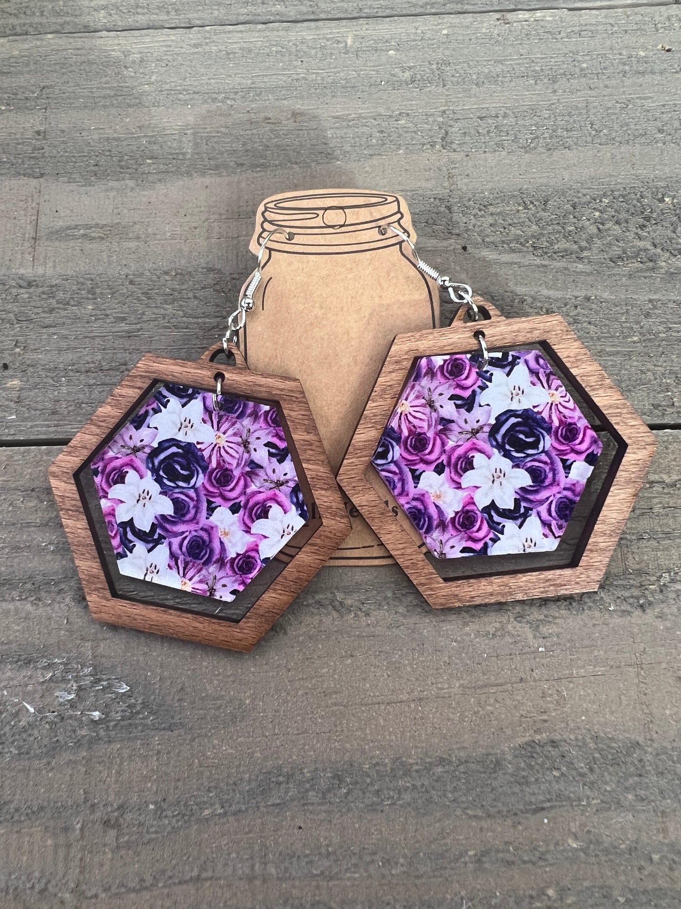 Purple Floral Lilly Hexagon Acrylic Wooden Earrings