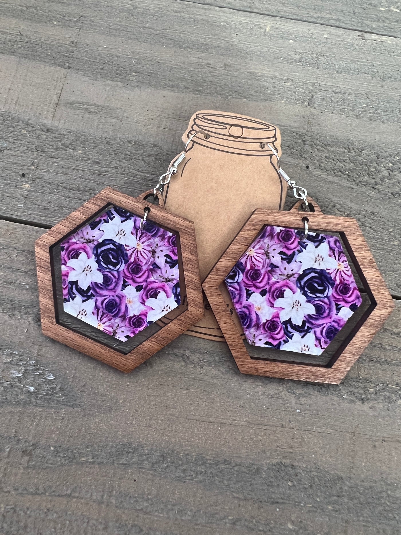 Purple Floral Lilly Hexagon Acrylic Wooden Earrings