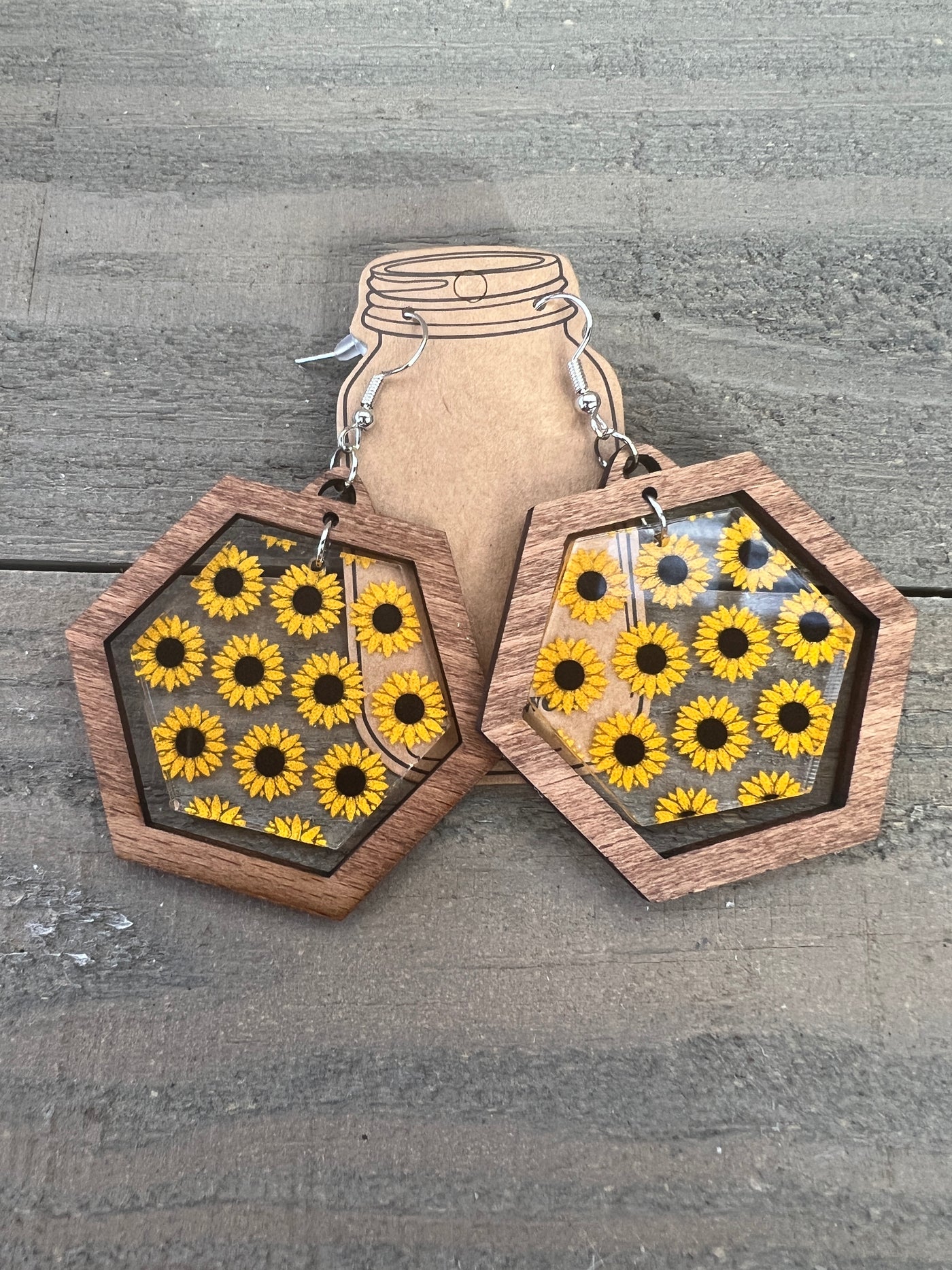 Sunflower Hexagon Acrylic Wooden Earrings