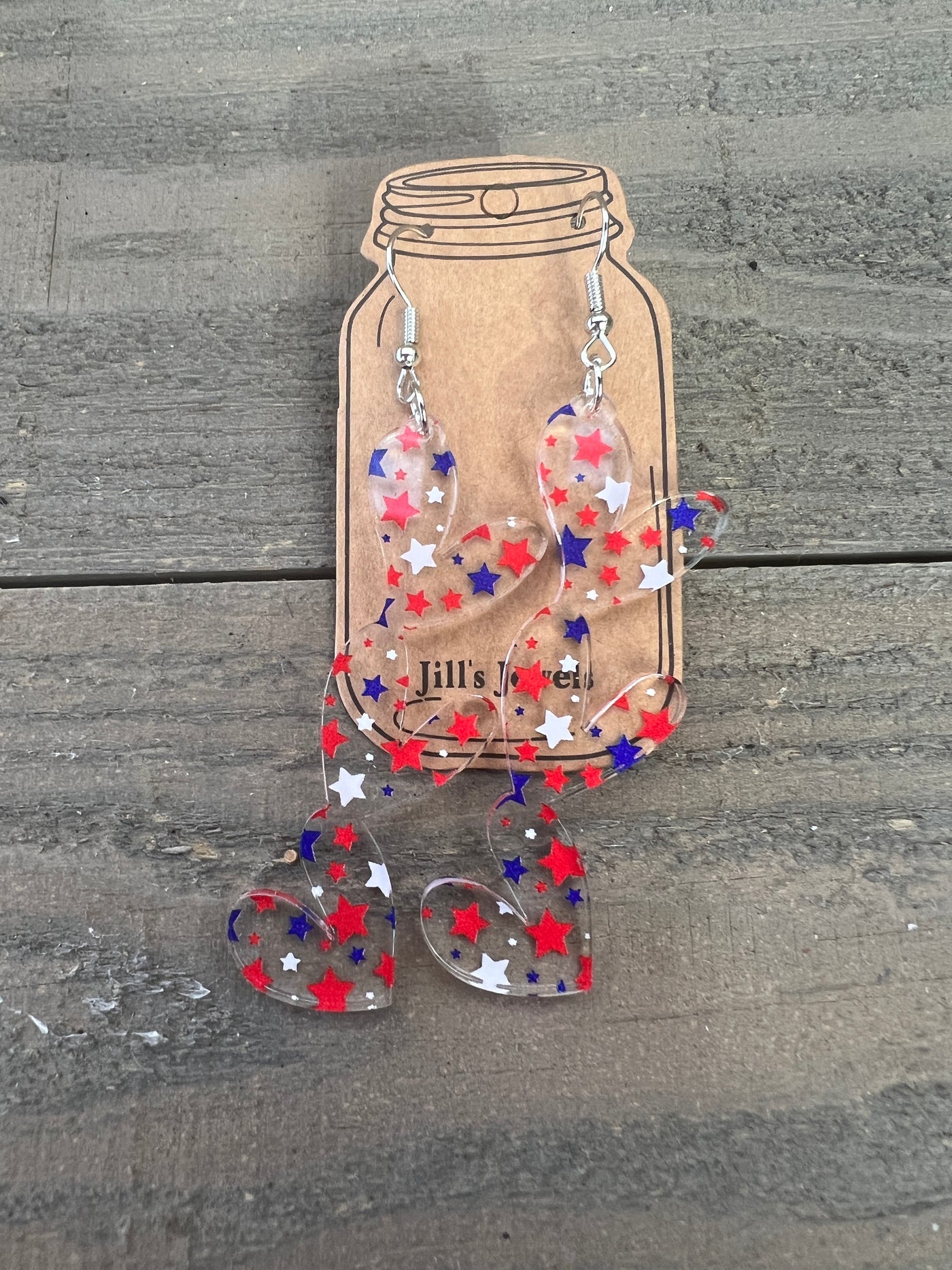 Red white and Blue USA Star Acrylic Stacked Heart Cutout Earrings