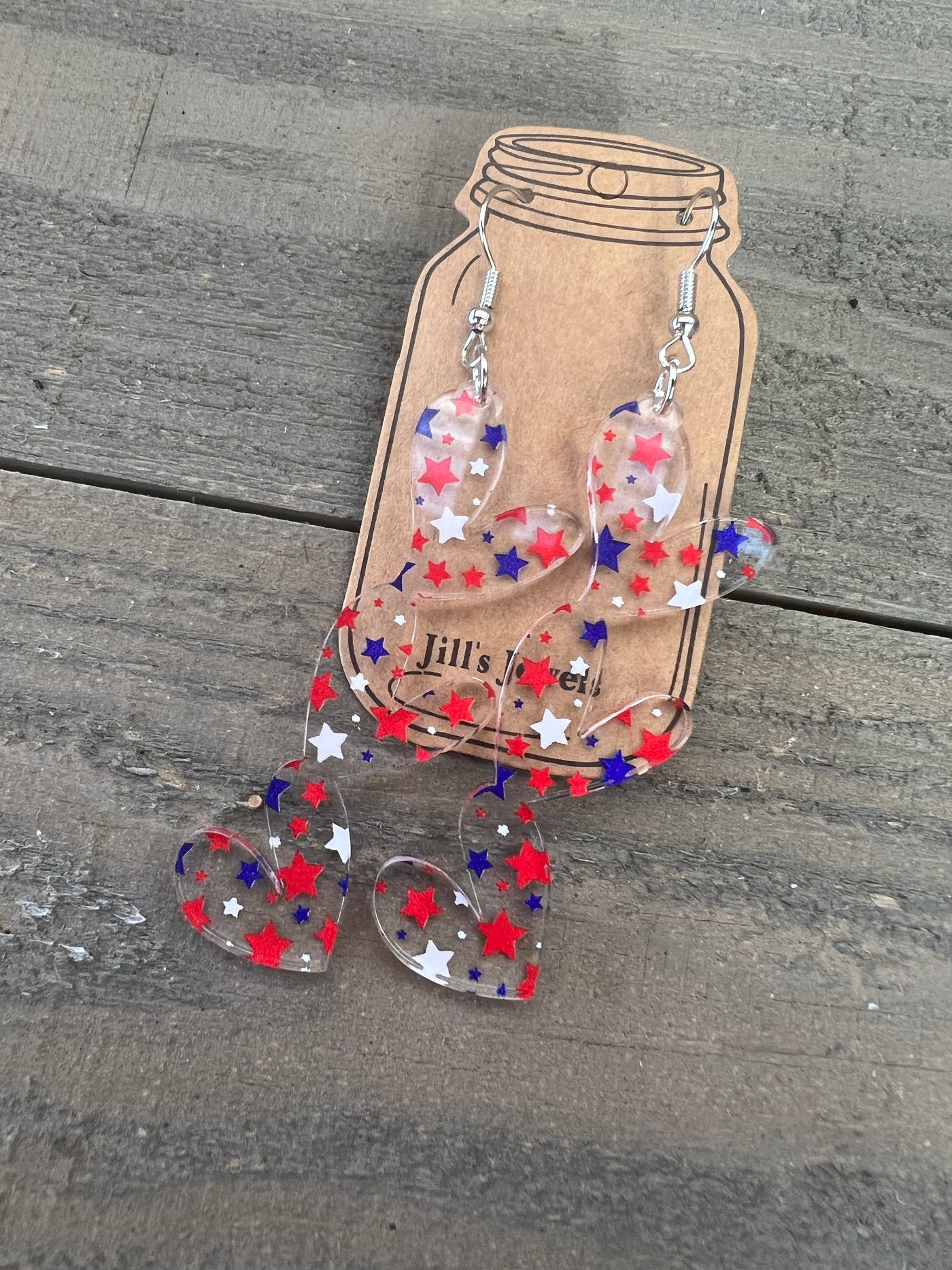 Red white and Blue USA Star Acrylic Stacked Heart Cutout Earrings