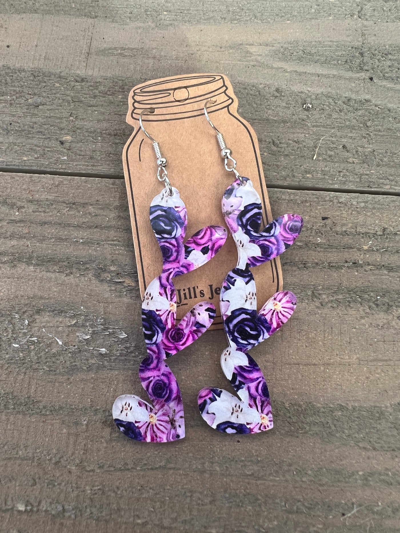 Purple Floral Acrylic Stacked Heart Cutout Earrings