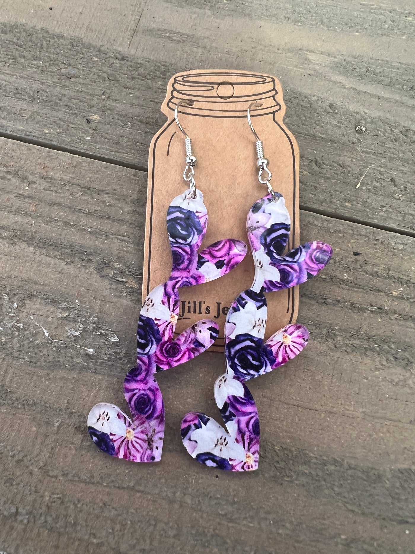 Purple Floral Acrylic Stacked Heart Cutout Earrings
