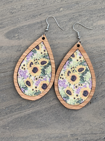 Sunflower Floral Cork and Wood Teardrop Earrings - Jill's Jewels | Unique, Handcrafted, Trendy, And Fun Jewelry
