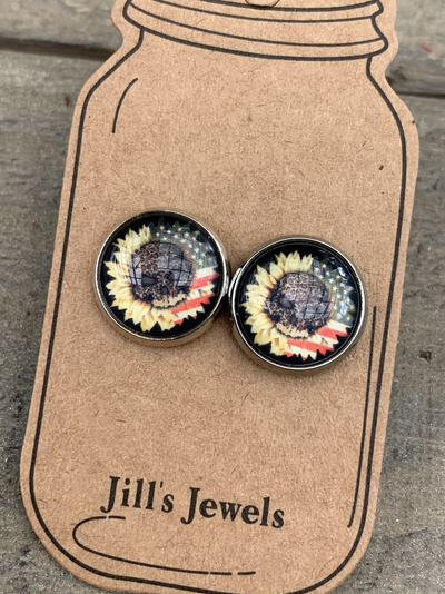 Sunflower Flag Leopard Skull Stud Earrings - Jill's Jewels | Unique, Handcrafted, Trendy, And Fun Jewelry
