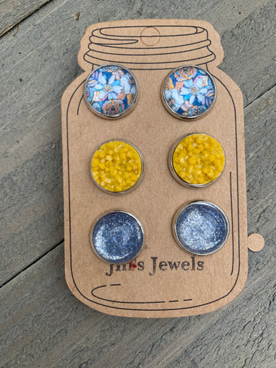 Blue and Mustard Yellow Floral Faux Druzy Earring 3 Set - Jill's Jewels | Unique, Handcrafted, Trendy, And Fun Jewelry