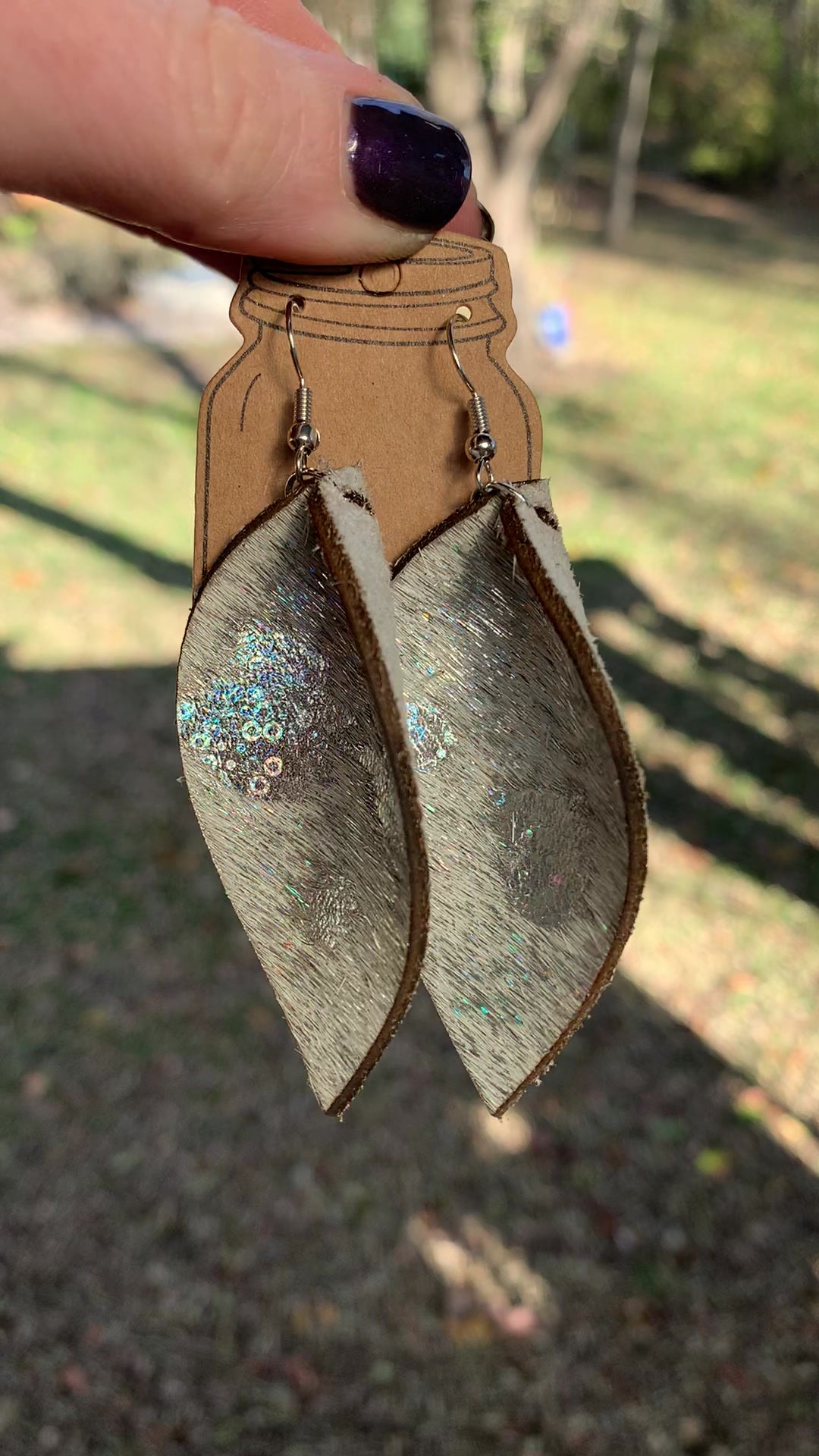 Holographic Silver Acid Wash Hair on leather earring - Jill's Jewels | Unique, Handcrafted, Trendy, And Fun Jewelry