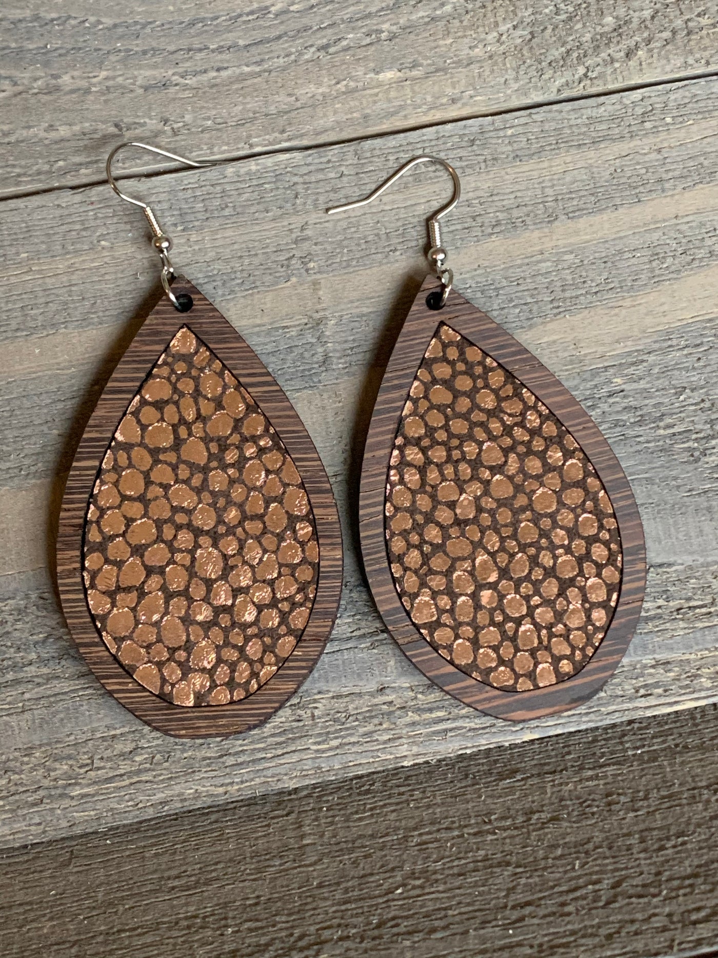 Copper Brown Stingray Leather and Wood Teardrop Earrings - Jill's Jewels | Unique, Handcrafted, Trendy, And Fun Jewelry