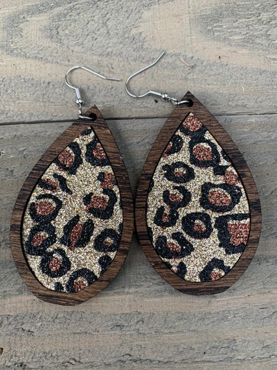 Gold Leopard Glitter and Wood Teardrop Earrings - Jill's Jewels | Unique, Handcrafted, Trendy, And Fun Jewelry