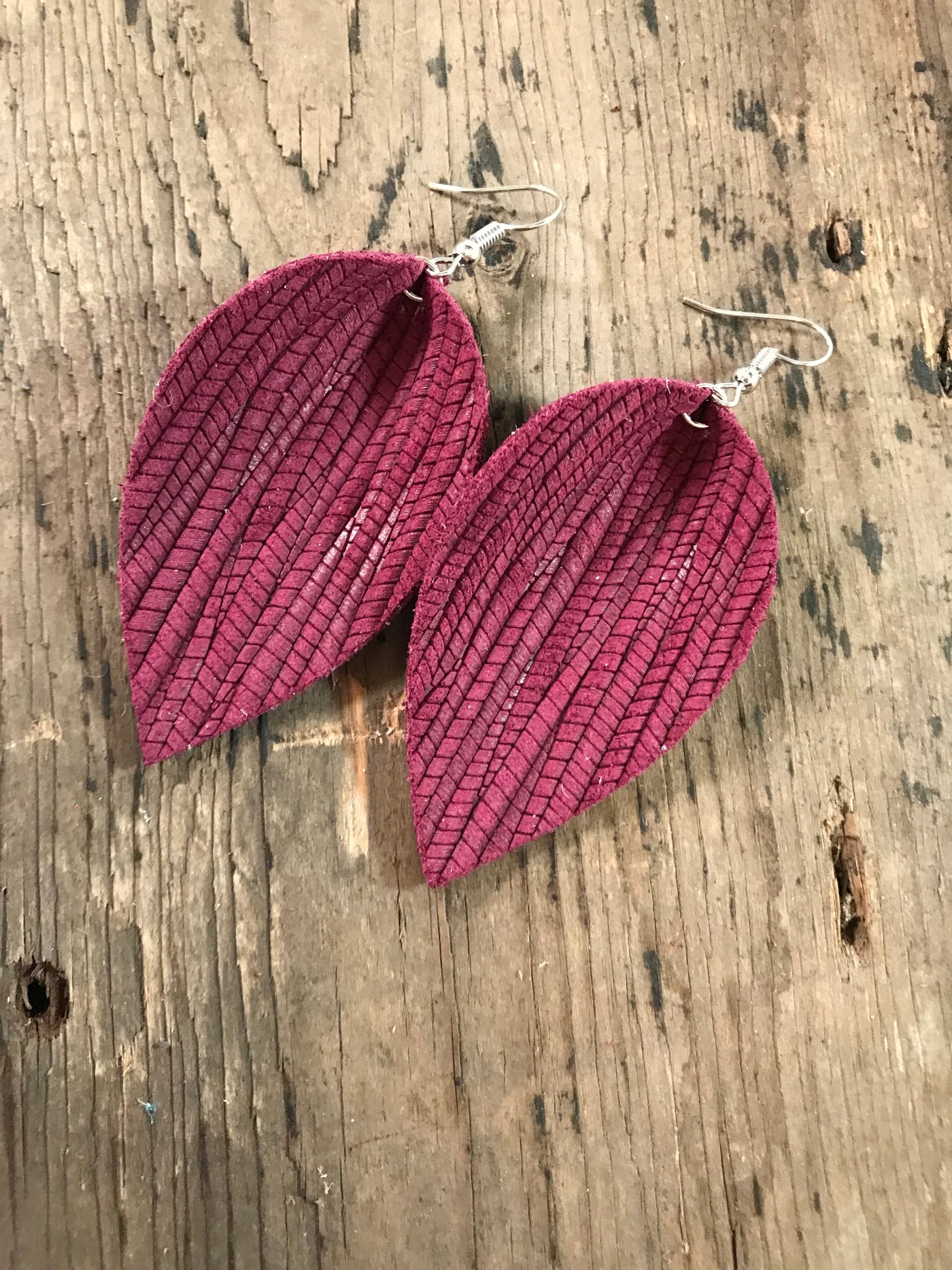 Burgundy palm leaf textured leather earring - Jill's Jewels | Unique, Handcrafted, Trendy, And Fun Jewelry