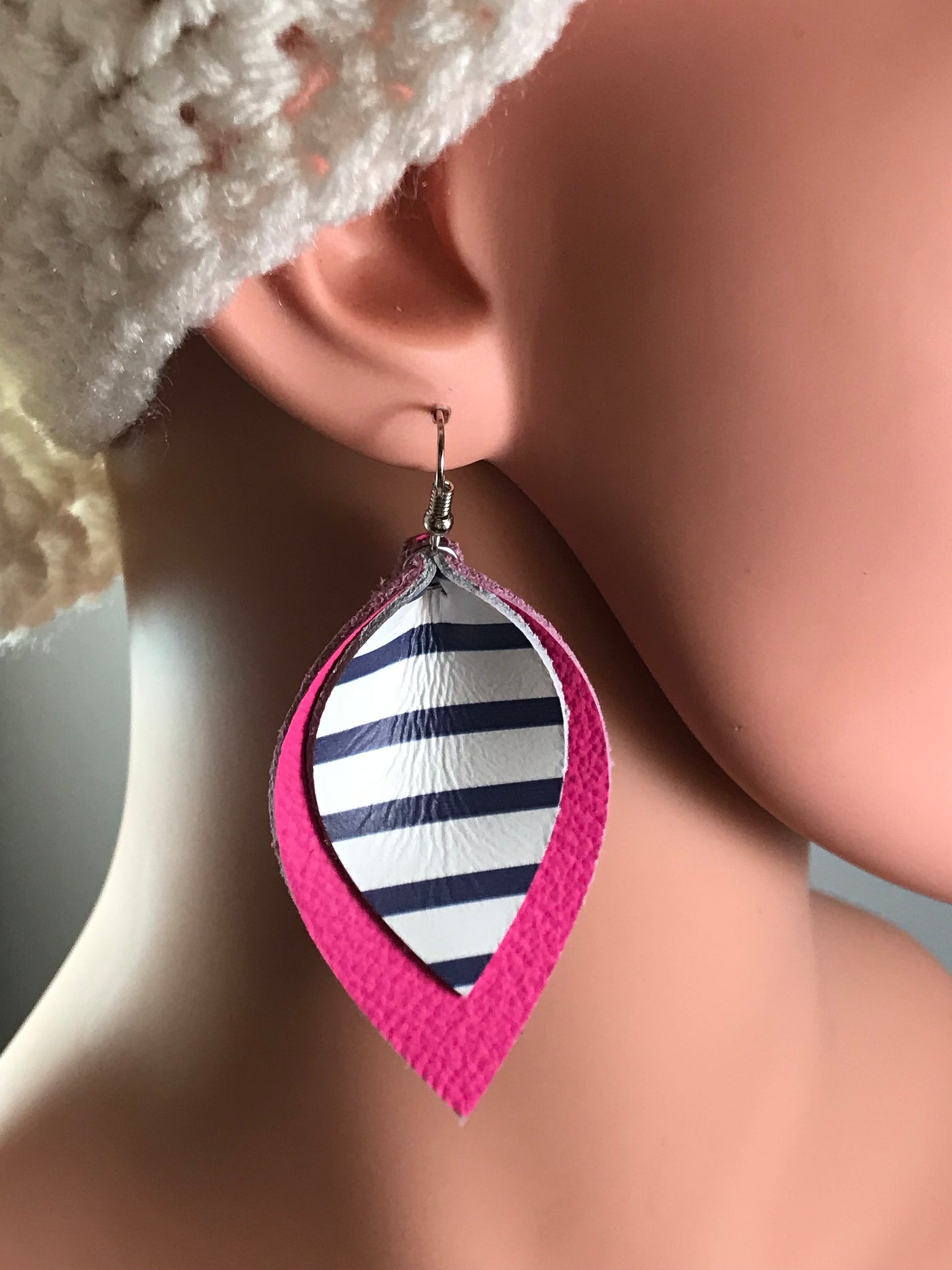 Hot Pink Leather earrings with blue and white stripes - Jill's Jewels | Unique, Handcrafted, Trendy, And Fun Jewelry