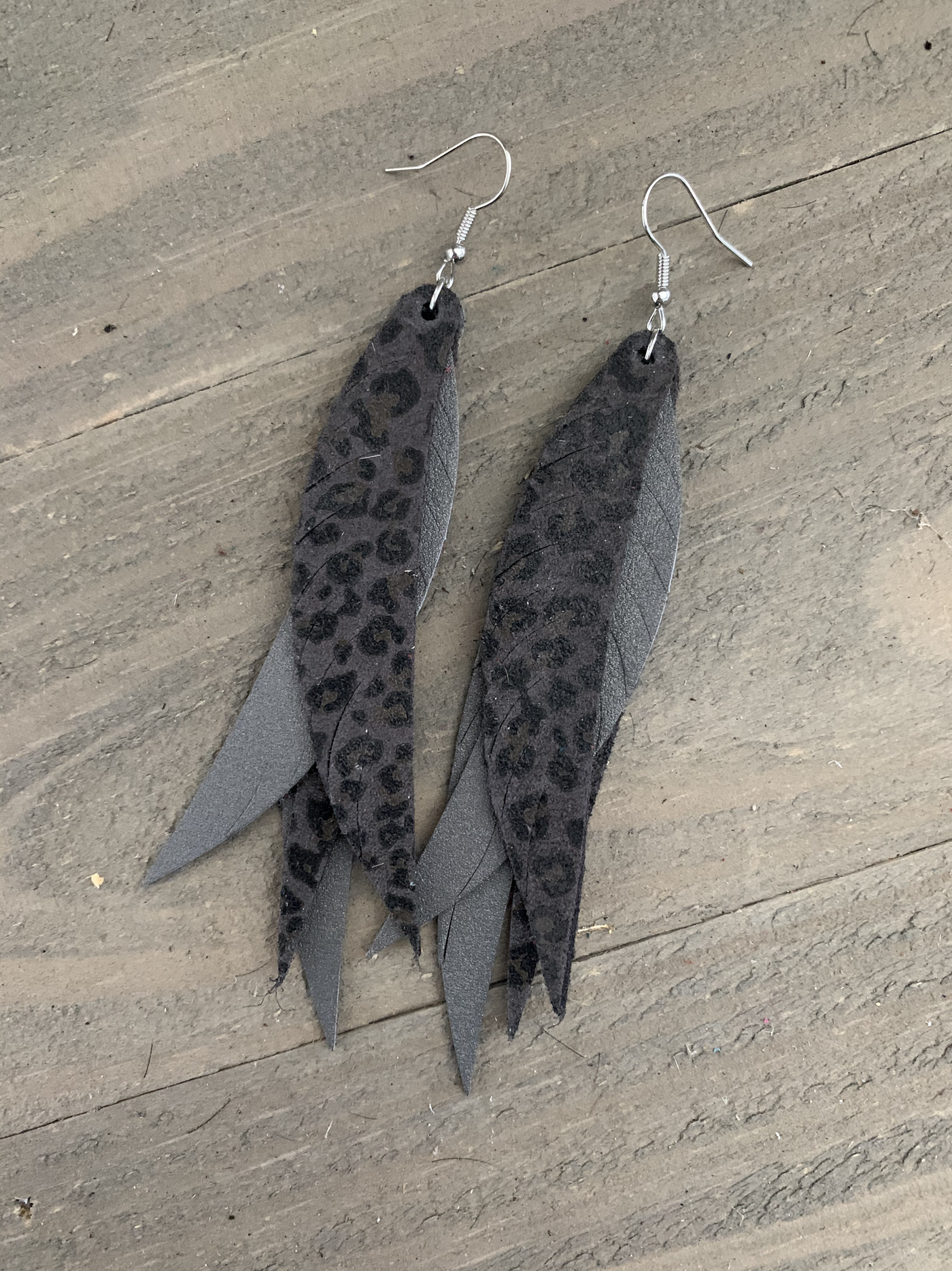 Grey Leopard Stacked Fringe Feather Earrings - Jill's Jewels | Unique, Handcrafted, Trendy, And Fun Jewelry
