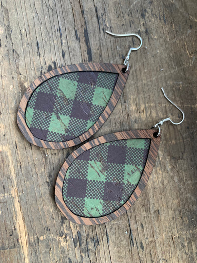 Green and Black Plaid Cork Wood Teardrop Earrings - Jill's Jewels | Unique, Handcrafted, Trendy, And Fun Jewelry
