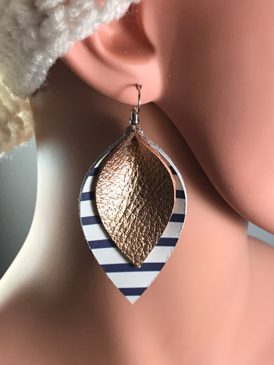 Rose gold Leather earrings with blue and white stripes - Jill's Jewels | Unique, Handcrafted, Trendy, And Fun Jewelry