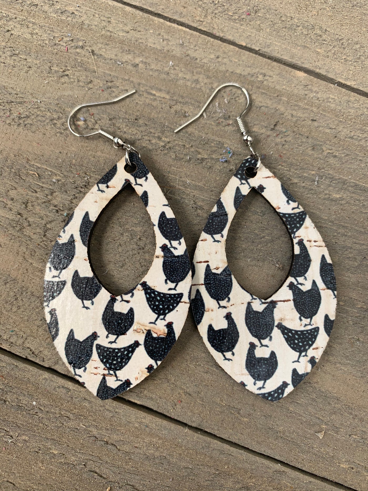 Black and White Chicken Print Cork Teardrop Earring - Jill's Jewels | Unique, Handcrafted, Trendy, And Fun Jewelry