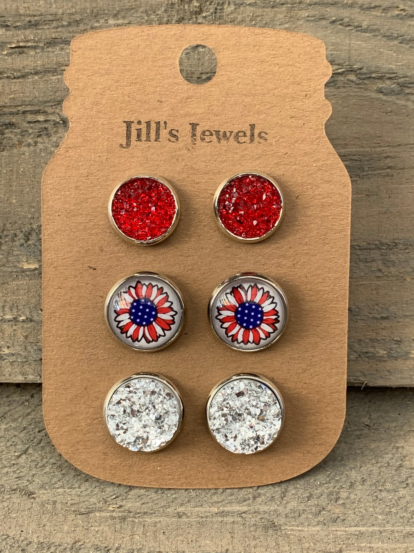 Red White and Blue USA Daisy Faux Druzy Earring 3 Set - Jill's Jewels | Unique, Handcrafted, Trendy, And Fun Jewelry