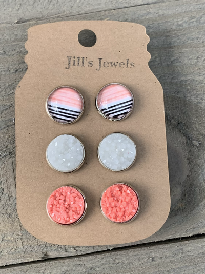 Pink Black and White Stripe Faux Druzy Earring 3 Set - Jill's Jewels | Unique, Handcrafted, Trendy, And Fun Jewelry