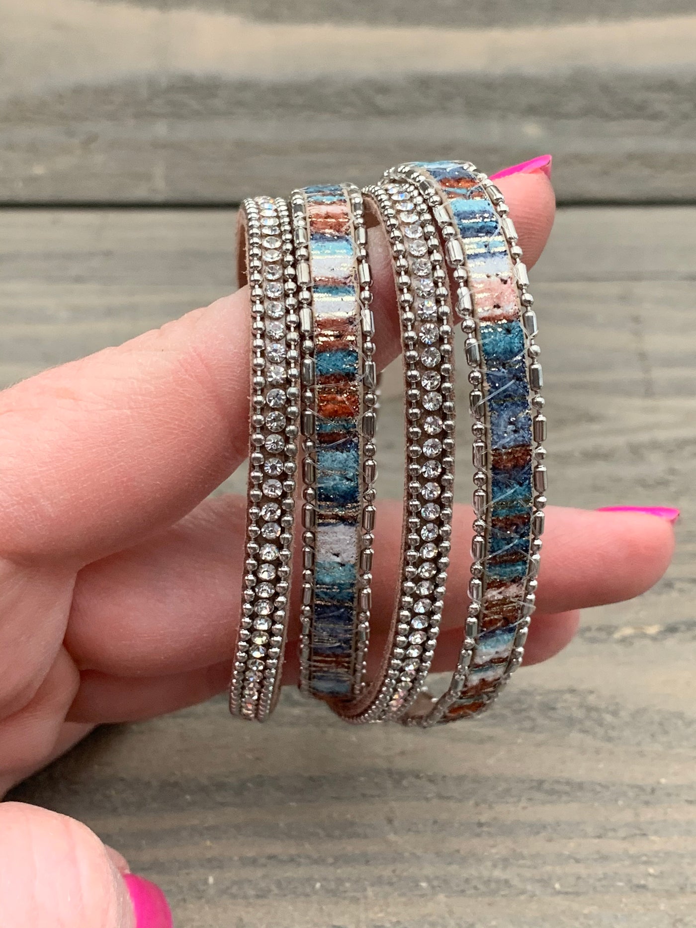 Teal Blue Brown Rhinestone Double Wrap Magnetic Bracelet - Jill's Jewels | Unique, Handcrafted, Trendy, And Fun Jewelry