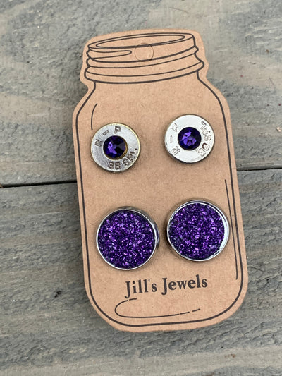 Purple Sparkle 38 Caliber bullet earring set - Jill's Jewels | Unique, Handcrafted, Trendy, And Fun Jewelry