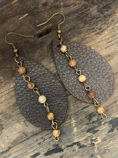 Brown Bomber Leather Earrings with Brown Gemstone Chain - Jill's Jewels | Unique, Handcrafted, Trendy, And Fun Jewelry