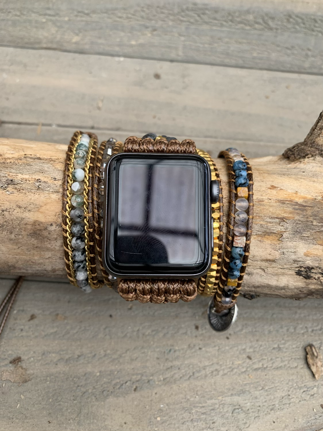 Brown Gold and Blue Beaded Smart Watch Wrap Bracelet - Jill's Jewels | Unique, Handcrafted, Trendy, And Fun Jewelry