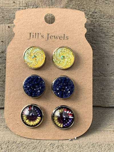 USA Sunflower Faux Druzy Earring 3 Set - Jill's Jewels | Unique, Handcrafted, Trendy, And Fun Jewelry