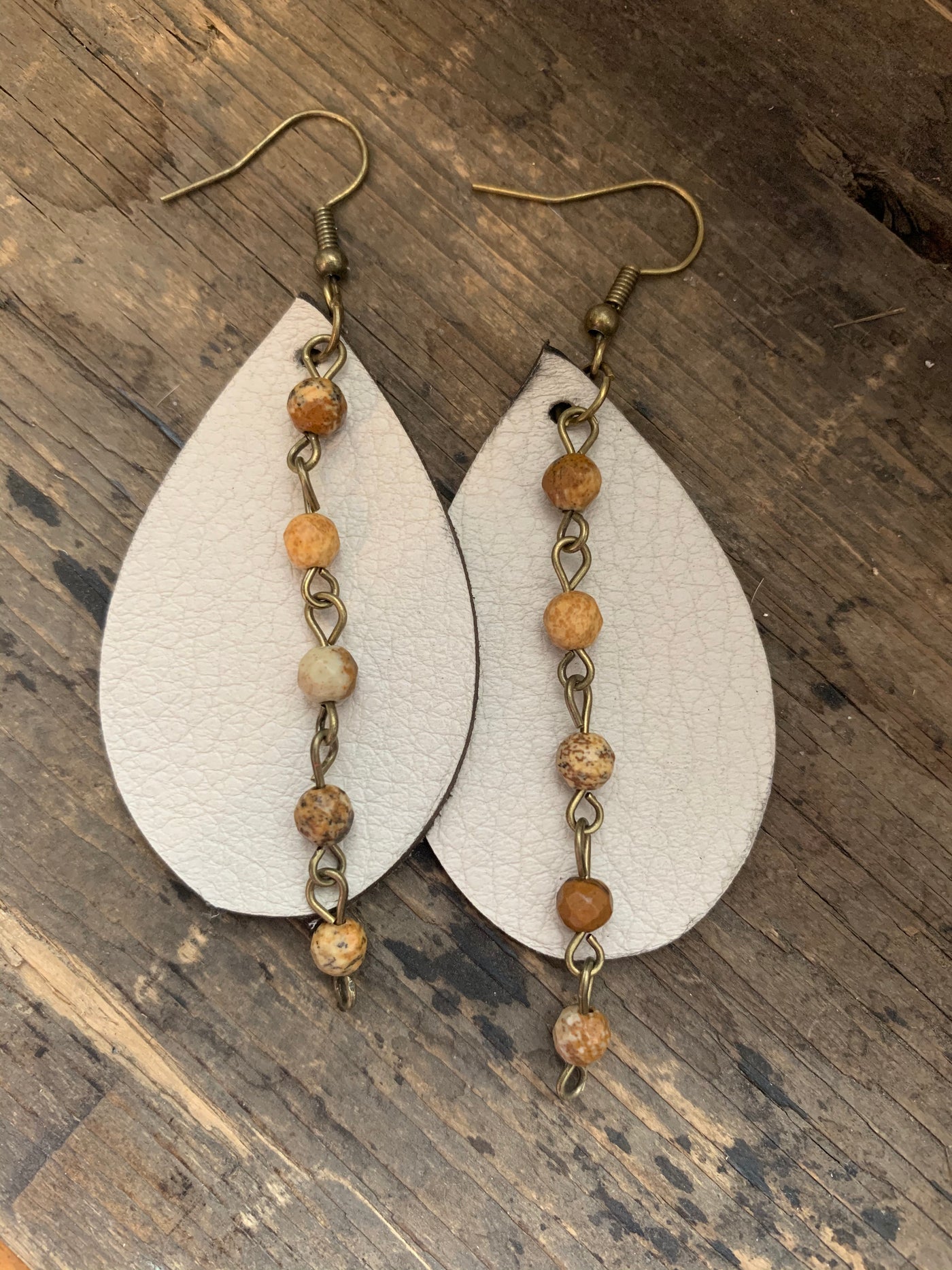 Cream Leather Earrings with Brown Gemstone Chain - Jill's Jewels | Unique, Handcrafted, Trendy, And Fun Jewelry