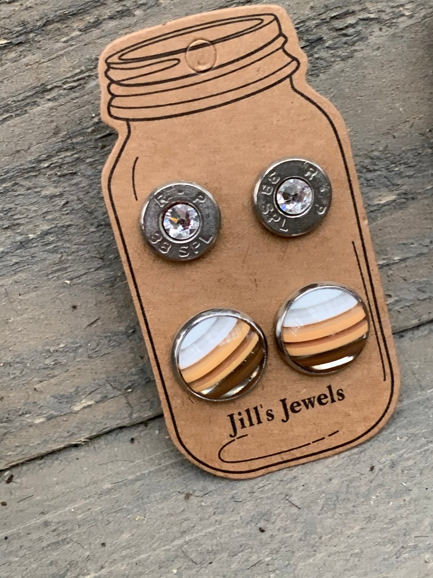 White and Brown Striped 38 Caliber bullet earring set - Jill's Jewels | Unique, Handcrafted, Trendy, And Fun Jewelry