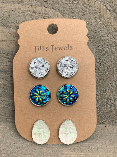 Blue Snowflake Teardrop Print Faux Druzy Earring 3 Set - Jill's Jewels | Unique, Handcrafted, Trendy, And Fun Jewelry