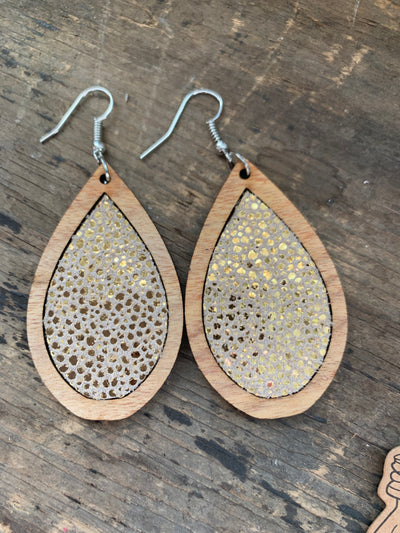 Gold Stingray Leather Wood Teardrop Earrings - Jill's Jewels | Unique, Handcrafted, Trendy, And Fun Jewelry