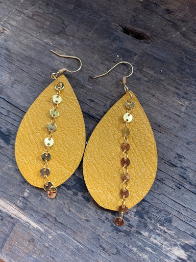 Mustard Yellow Leather Earrings with gold coin chain - Jill's Jewels | Unique, Handcrafted, Trendy, And Fun Jewelry