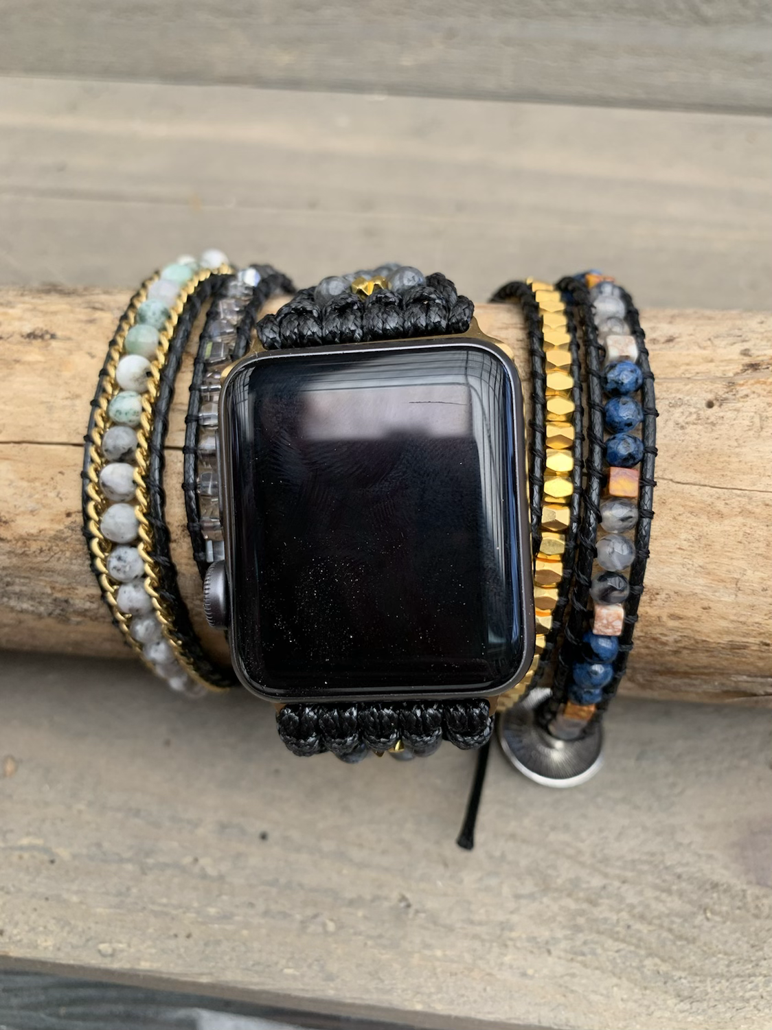 Black Gold and Blue Beaded Smart Watch Wrap Bracelet - Jill's Jewels | Unique, Handcrafted, Trendy, And Fun Jewelry
