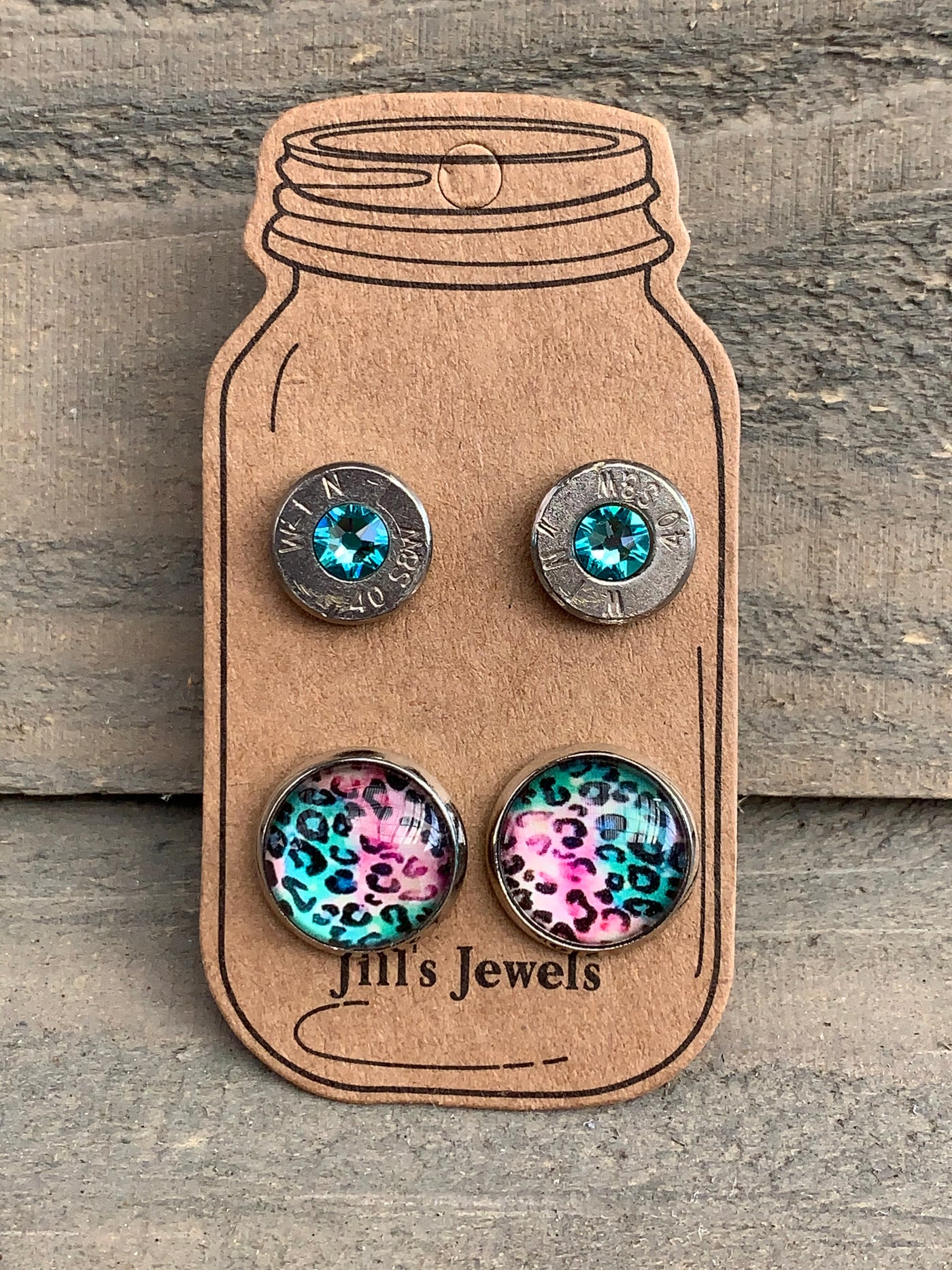 Mint and Pink Leopard 40 Caliber bullet earring set - Jill's Jewels | Unique, Handcrafted, Trendy, And Fun Jewelry