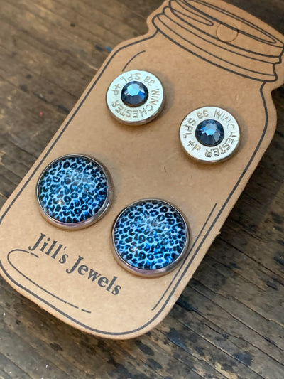 Blue Leopard Print and 38 Special bullet earring set - Jill's Jewels | Unique, Handcrafted, Trendy, And Fun Jewelry