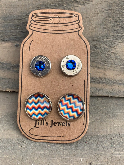 Blue and Yellow Aztec 40 Caliber bullet earring set - Jill's Jewels | Unique, Handcrafted, Trendy, And Fun Jewelry