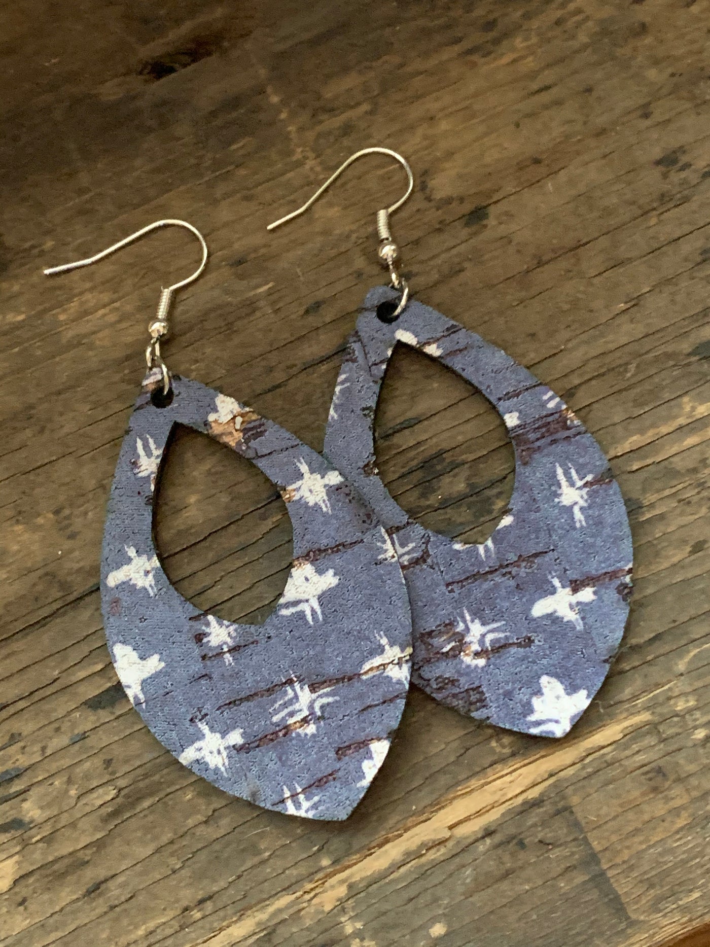 Denim Blue with White Star Cork Teardrop Earring - Jill's Jewels | Unique, Handcrafted, Trendy, And Fun Jewelry