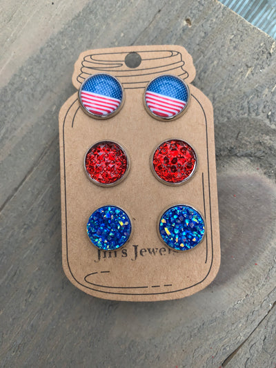 Red White and Blue USA Faux Druzy Earring 3 Set - Jill's Jewels | Unique, Handcrafted, Trendy, And Fun Jewelry